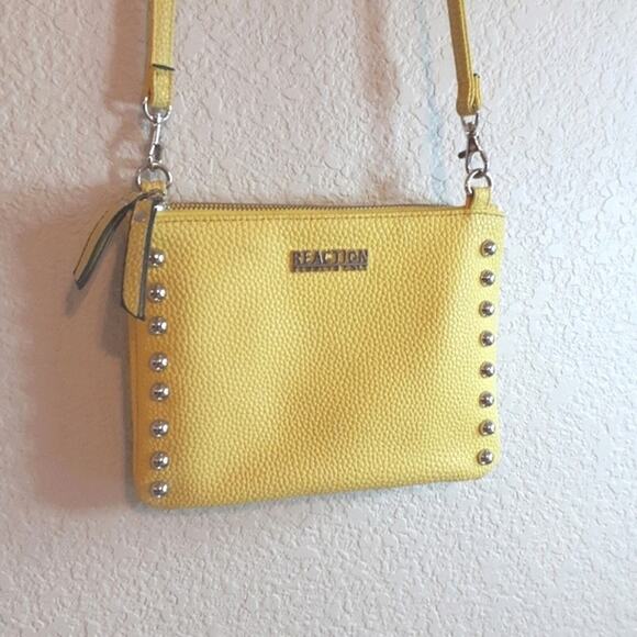 Kenneth Cole Reaction Studded Canary Yellow Pebbled Faux Leather Crossbody Bag - Picture 1 of 14